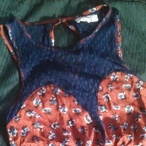 Lola Rae Blue Lace and Red Floral Sleeveless Dress (Size Small)